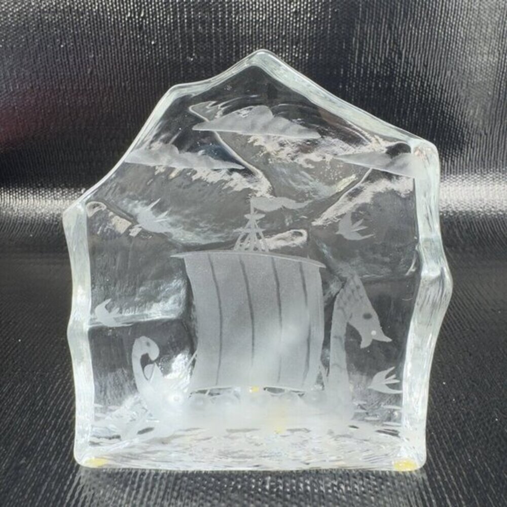 Ice Block Paperweight Thick Heavy Viking Sailing Boat Etched Glass Figure VTG
